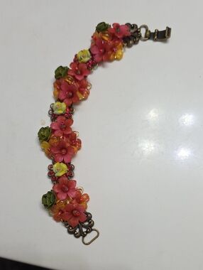 COLLEEN TOLAND Tea Rose Floral Statement Bracelet Pink Yellow Coquette Whimsical